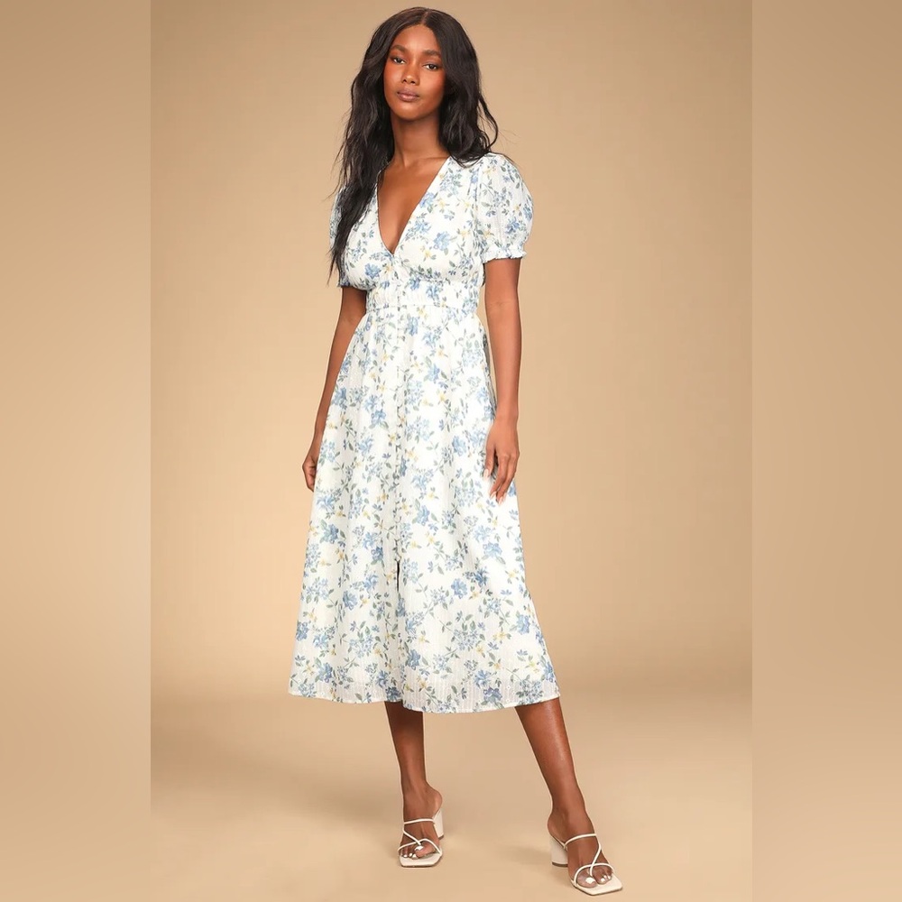 Lulus visions of spring white floral print embroidered midi dress